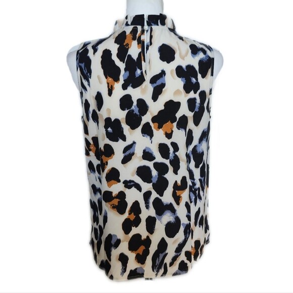 5/$55 Ruffle Neck, Sleeveless, Cream & Black Blue Rust Animal Print Blouse, S - Picture 5 of 9
